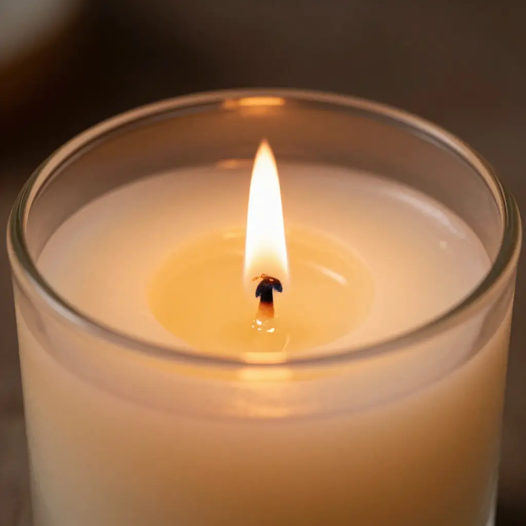 Soy wax candle burning with warm glow